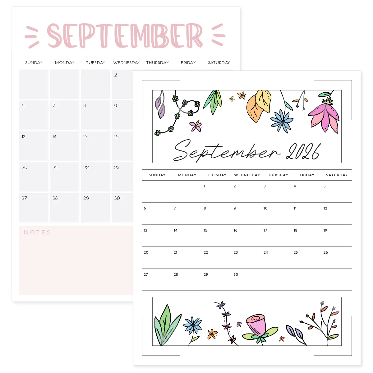 September Blank Calendar 2026 Cute