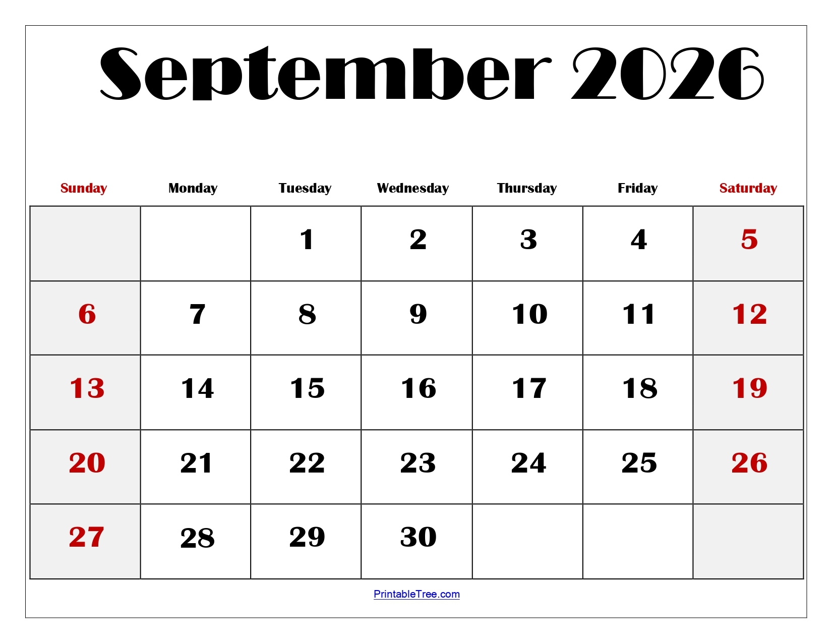 Printable Calendar September 2026 Blank