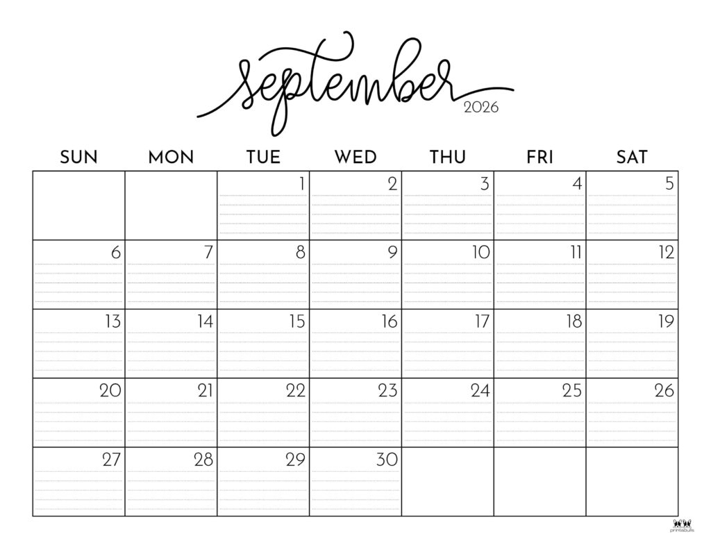 September 2026 Calendars 123 FREE Printables Printabulls