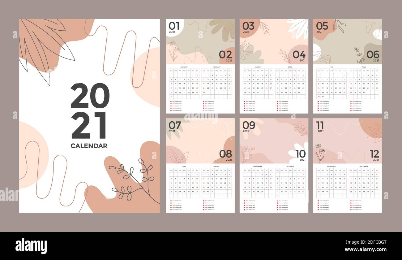 Set Of Abstract Creative Calendar Design Of 2021 Year Vector Template Collection Week Starts On Sunday Stock Vector Image Art Alamy