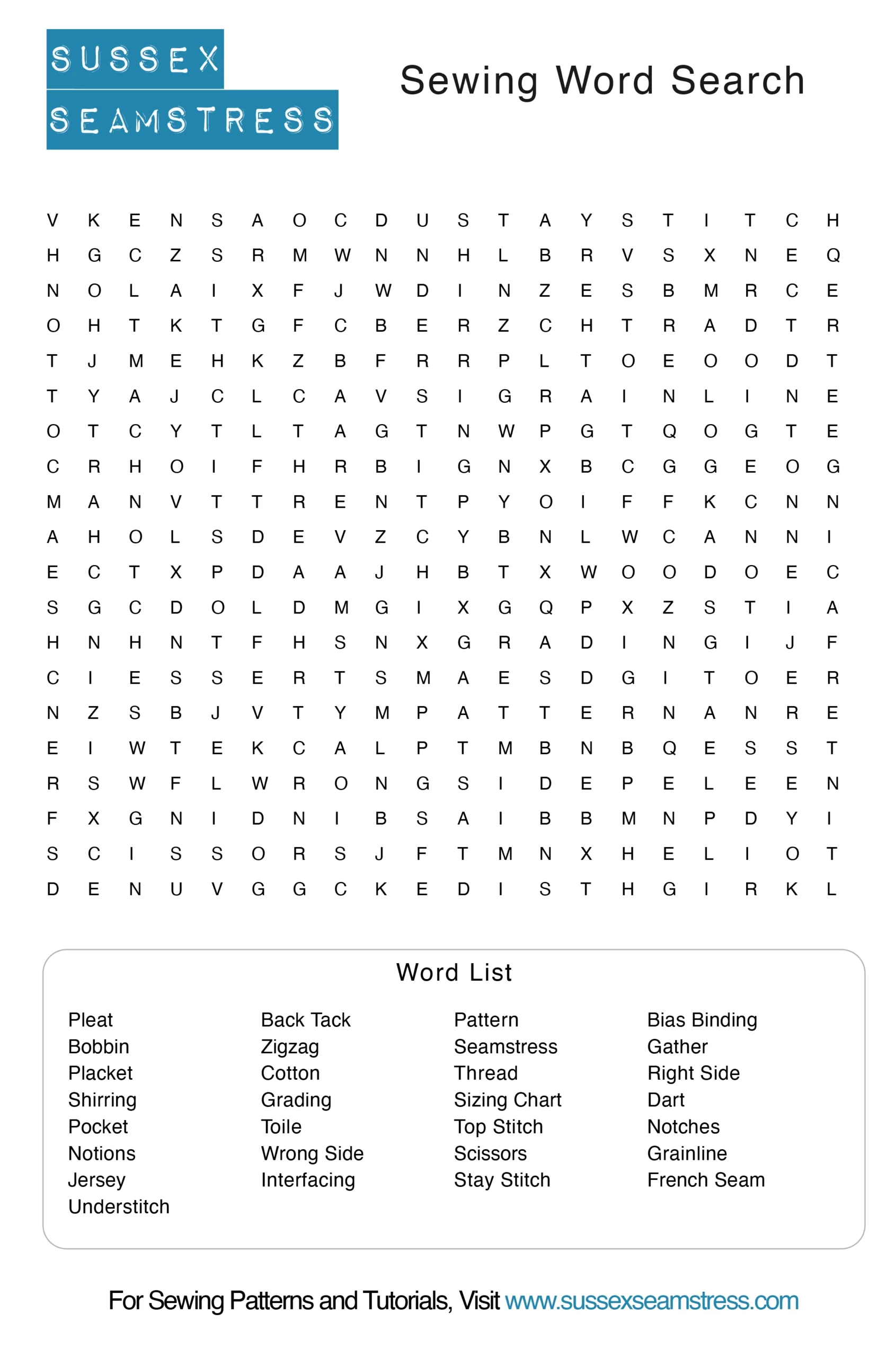 Free Printable Word Search Puzzles Sewing
