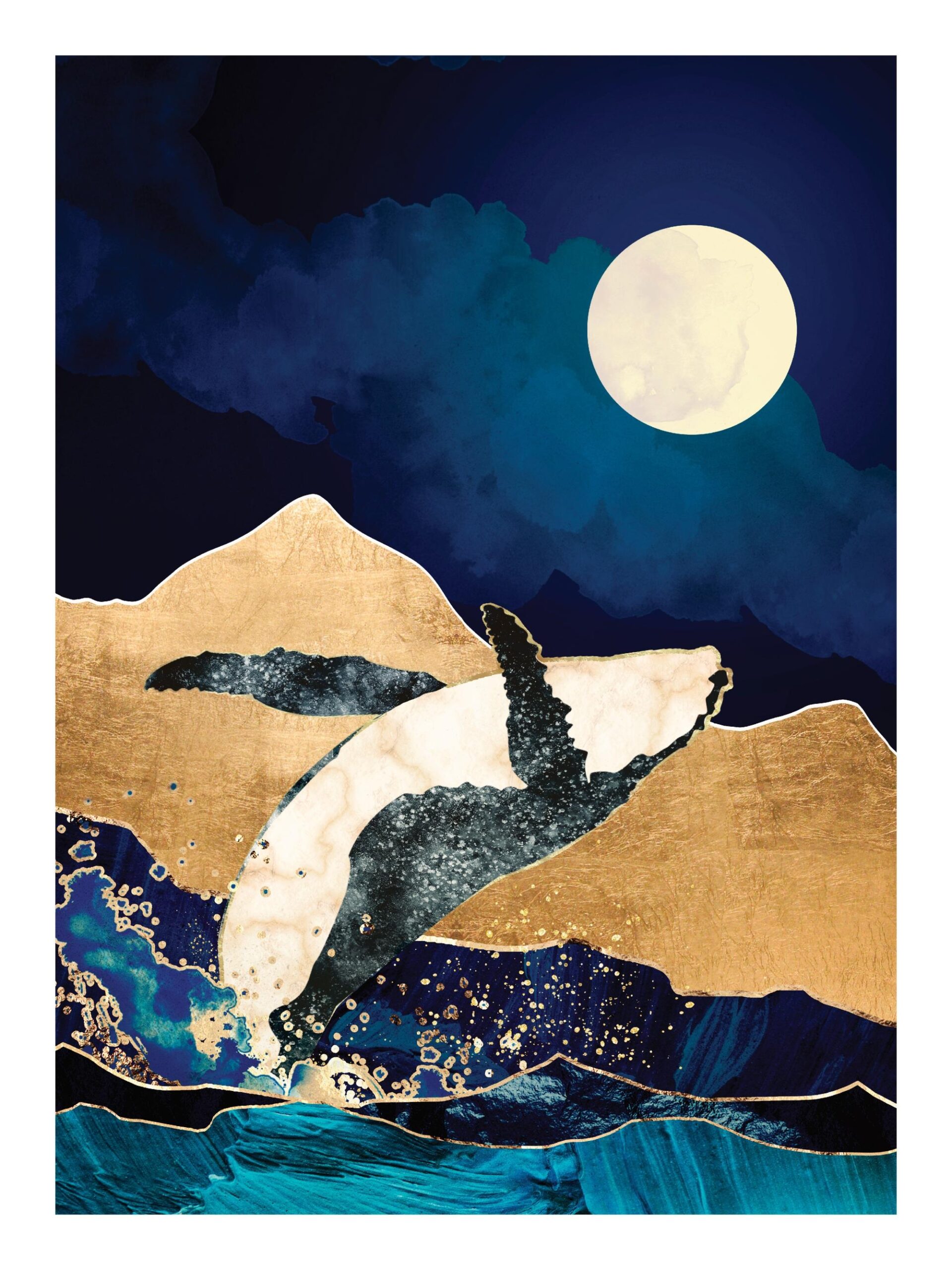 SpaceFrog Designs Whale Poster Moon Gold Mountains Desenio