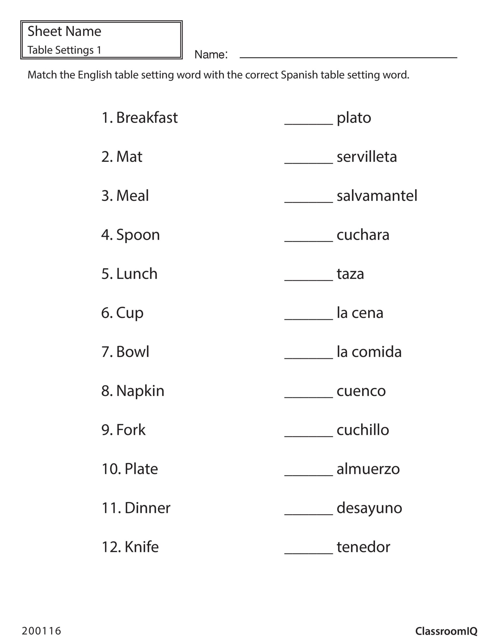 Beginner Spanish To English Worksheets Printables