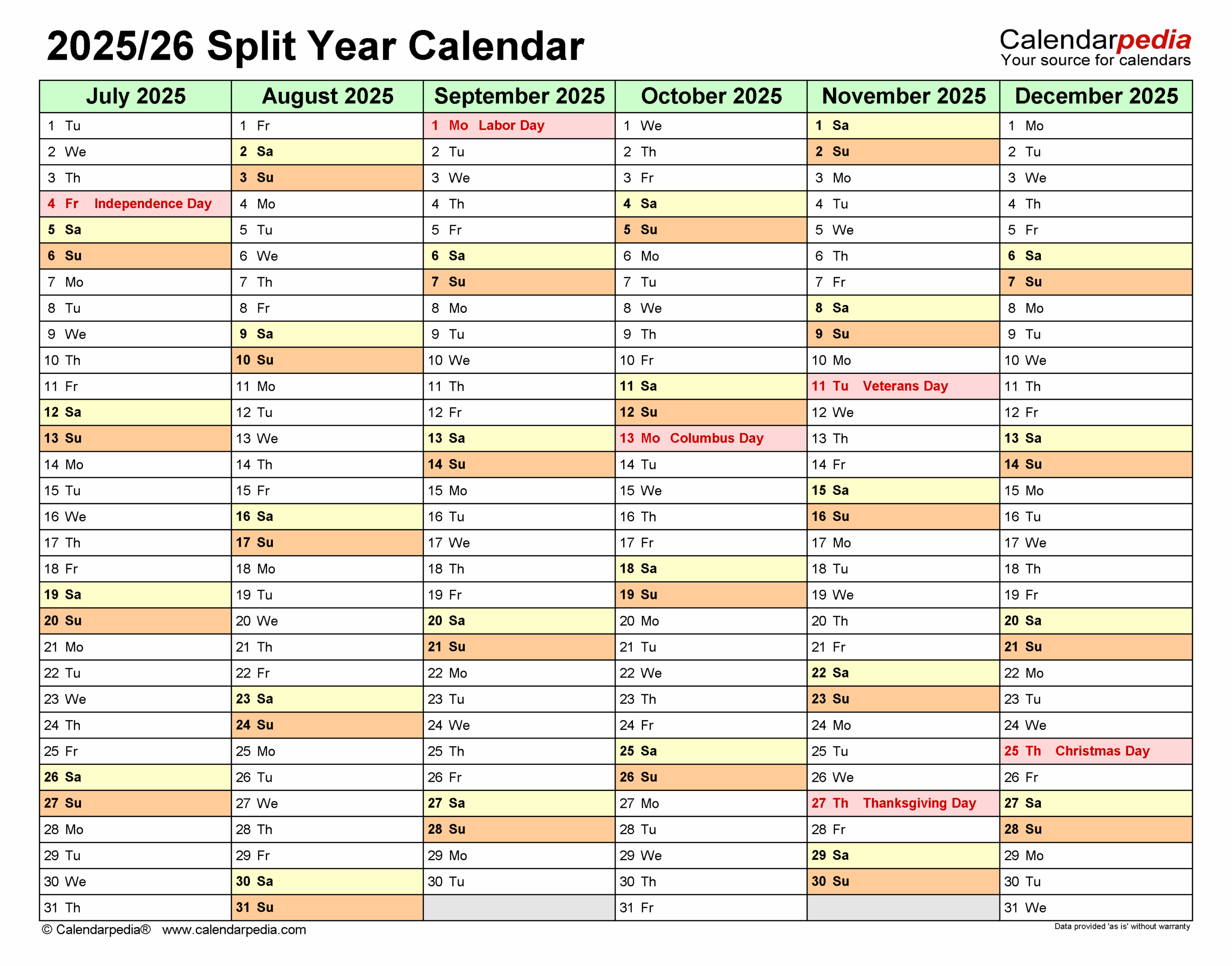 July 2025 To June 2026 Calendar