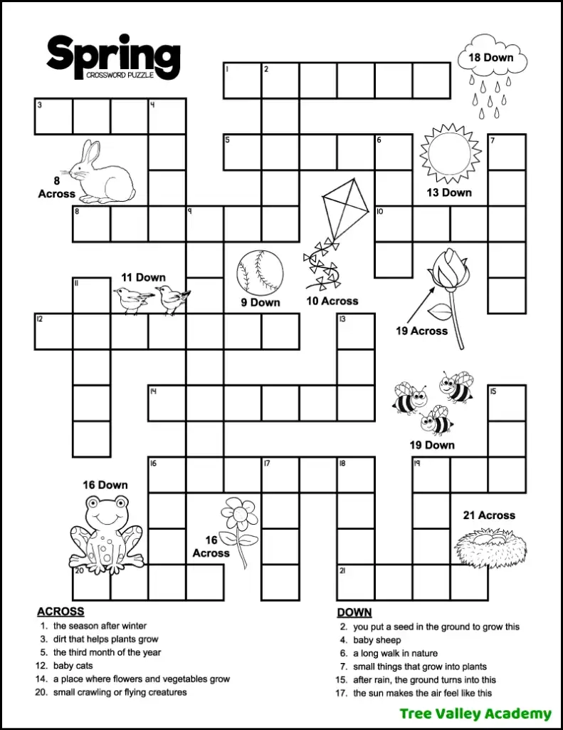 Spring Crossword Puzzles For Kids Tree Valley Academy
