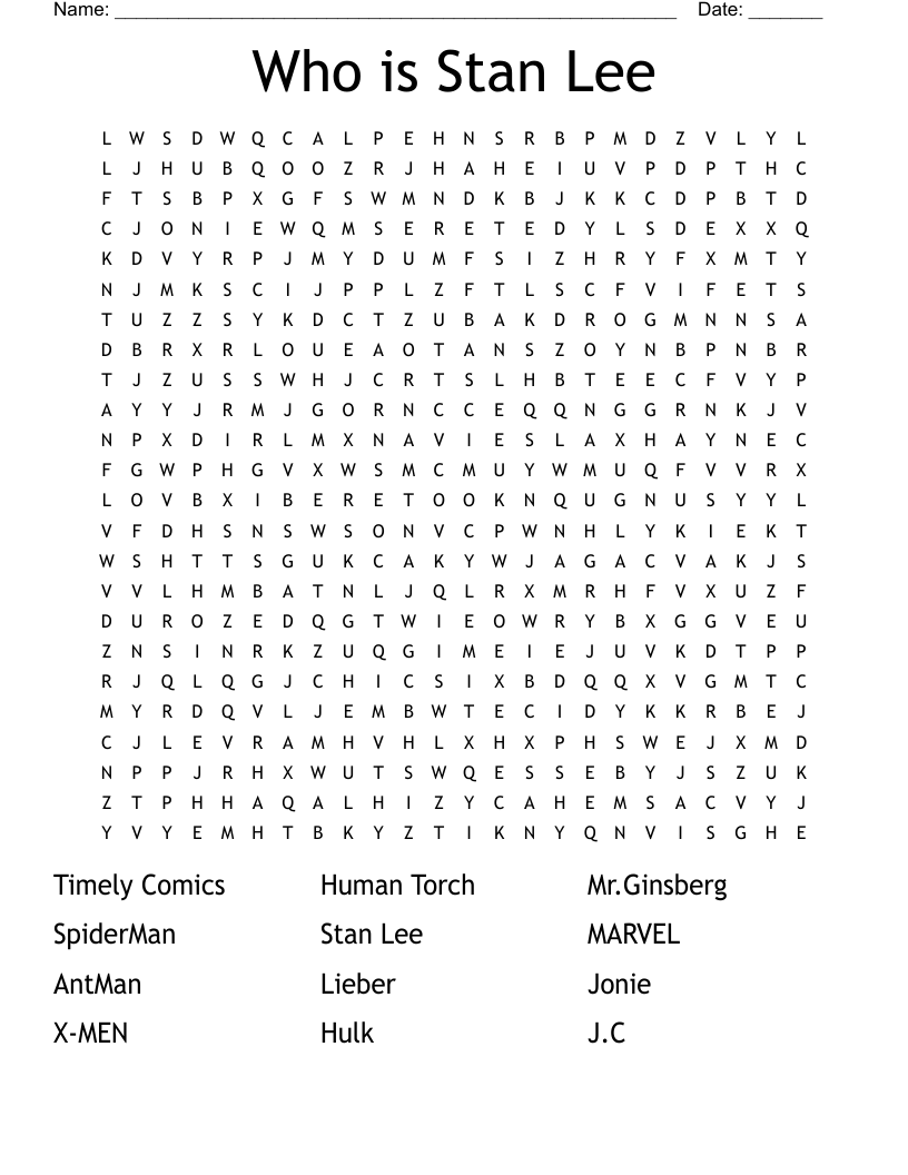 Stan Lee Maker Of Marvel Word Search WordMint