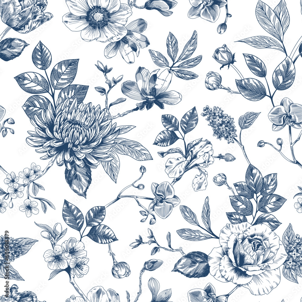 Stock Vektorgrafik Abstract Modern Floral Seamless Pattern With Hand Drawn Flower In Toile De Jouy Style Retro Elegance Repeat Print Vintage Design For Fabric Wallpaper Or Wrapping Adobe Stock