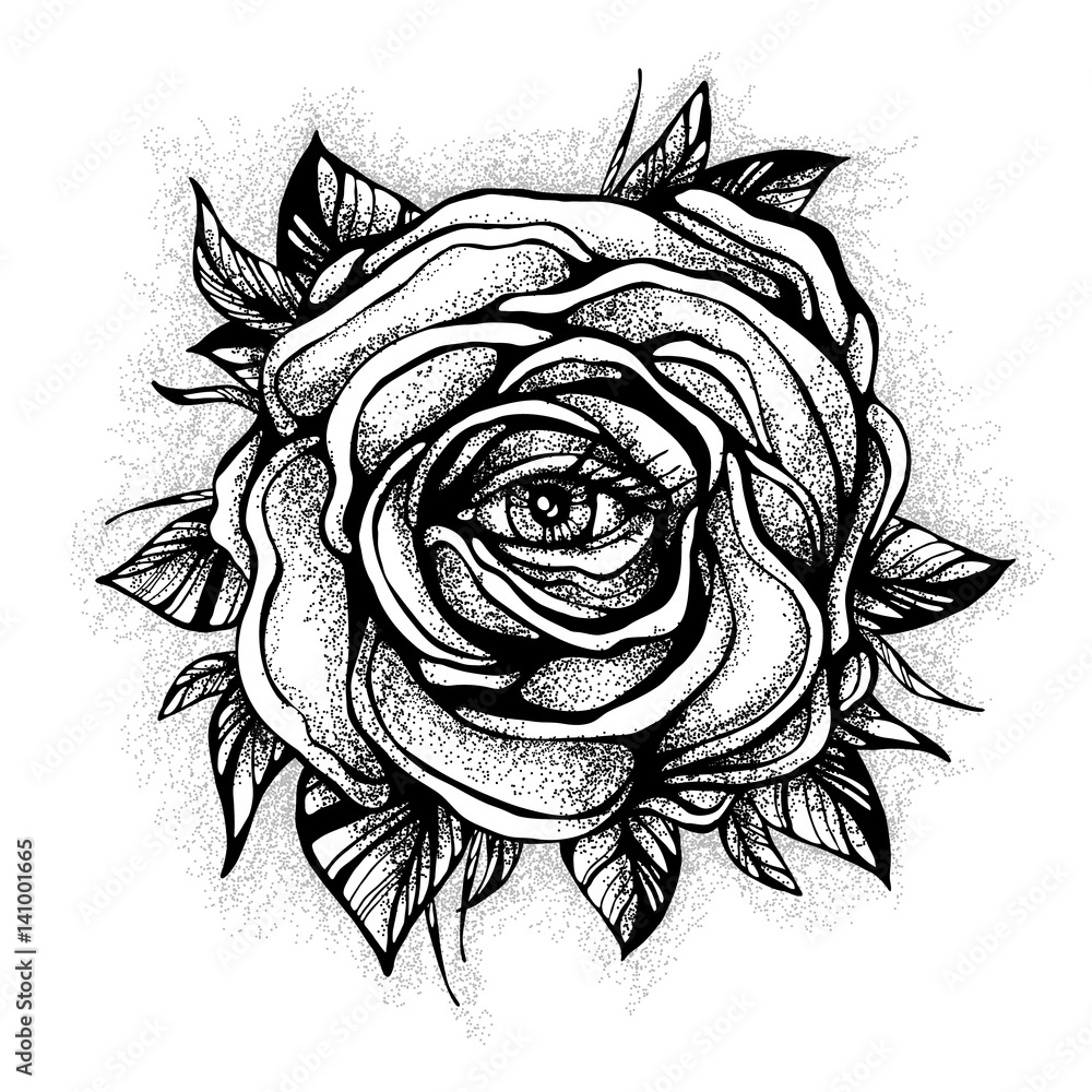 Stock Vektorgrafik Blackwork Tattoo Flash Rose Flower Highly Detailed Vector Illustration Isolated On White Tattoo Design Mystic Symbol New School Dotwork Boho Design Print Posters T shirts And Textiles Adobe Stock