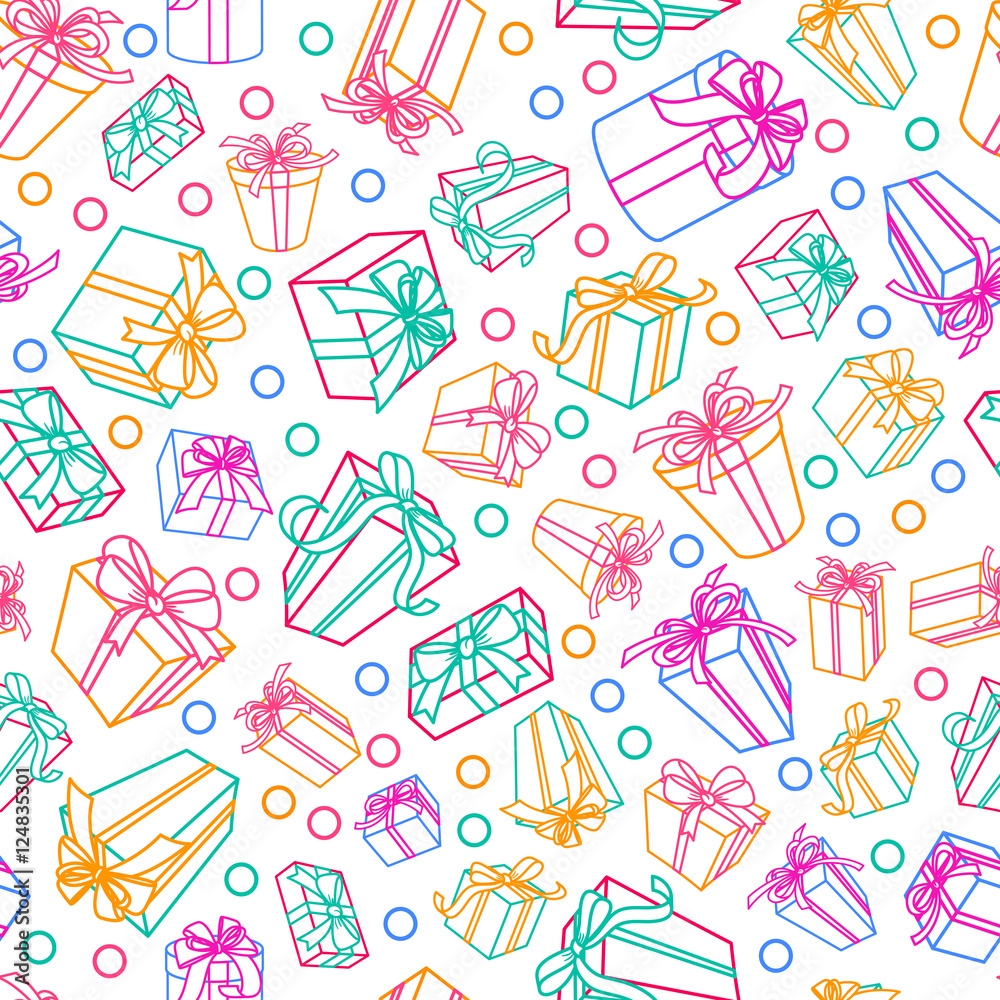 Stock Vektorgrafik Vector Seamless White Pattern With Multicolor Outline Gift Boxes And Ribbons Design For Fabric Textile Print Wrapping Paper Concept For Holiday Background Greeting Card Or Gift Shop Adobe Stock