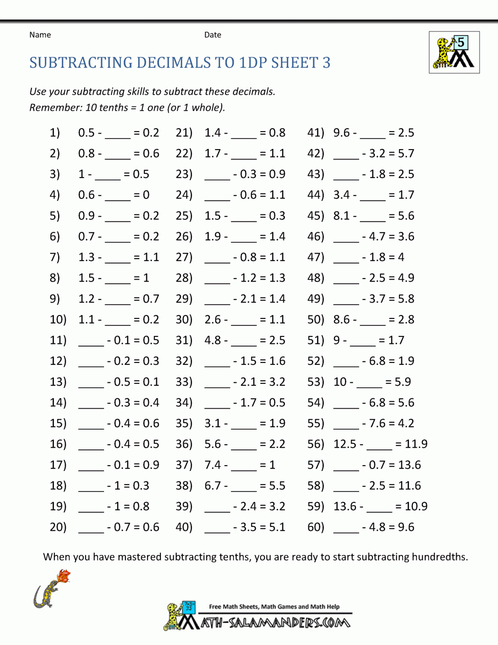 Free Printable Decimal Worksheets