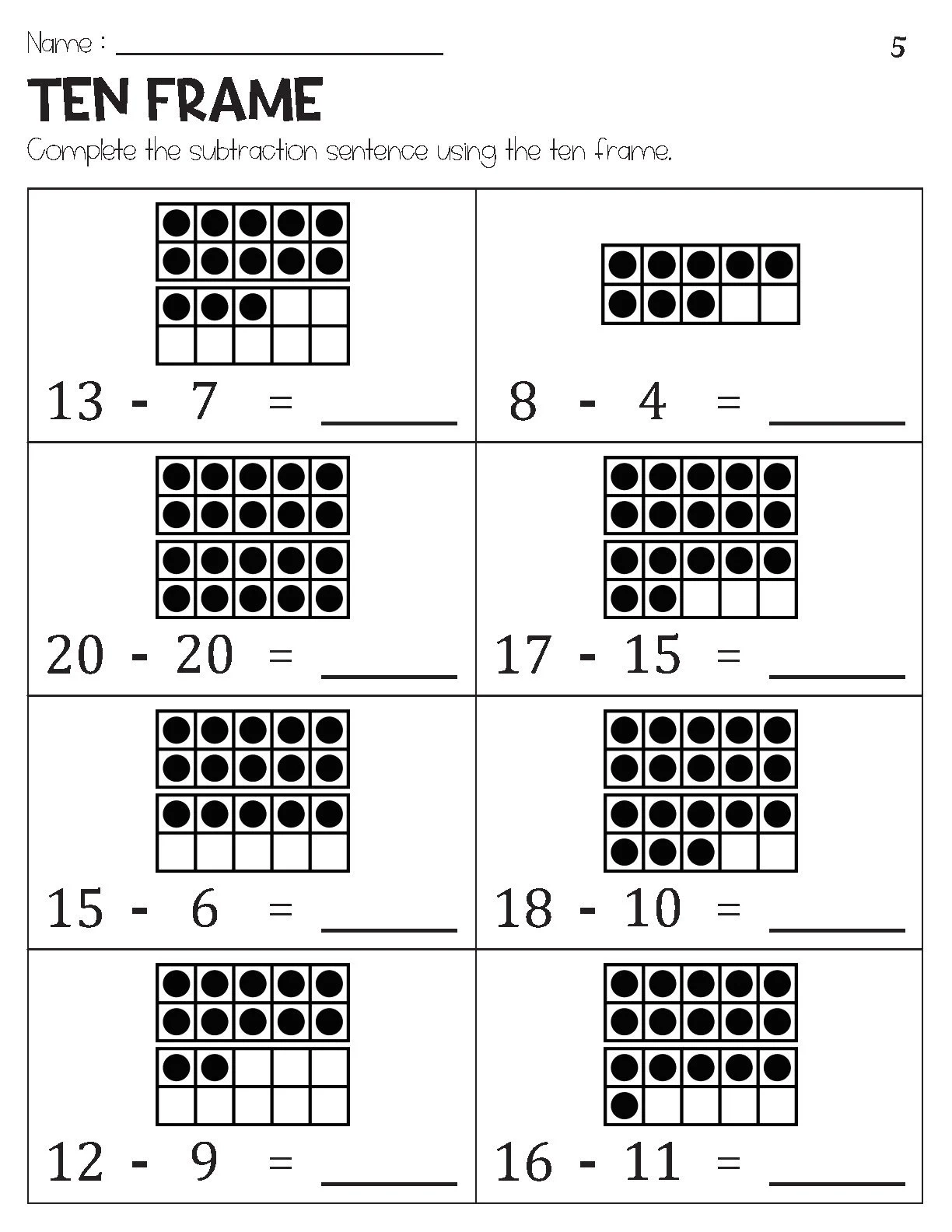 Subtraction Within 20 With Ten Frame Pictures Worksheets Etsy Canada