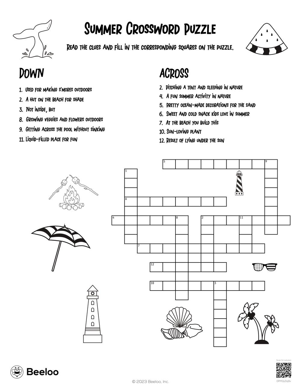 Summer Crossword Puzzle Beeloo Printable Crafts And Activities 