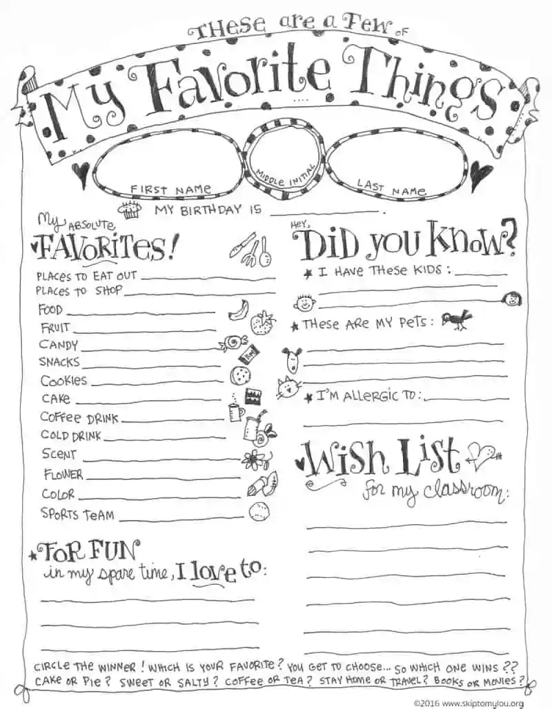 Free Printable My Favorite Things Worksheet