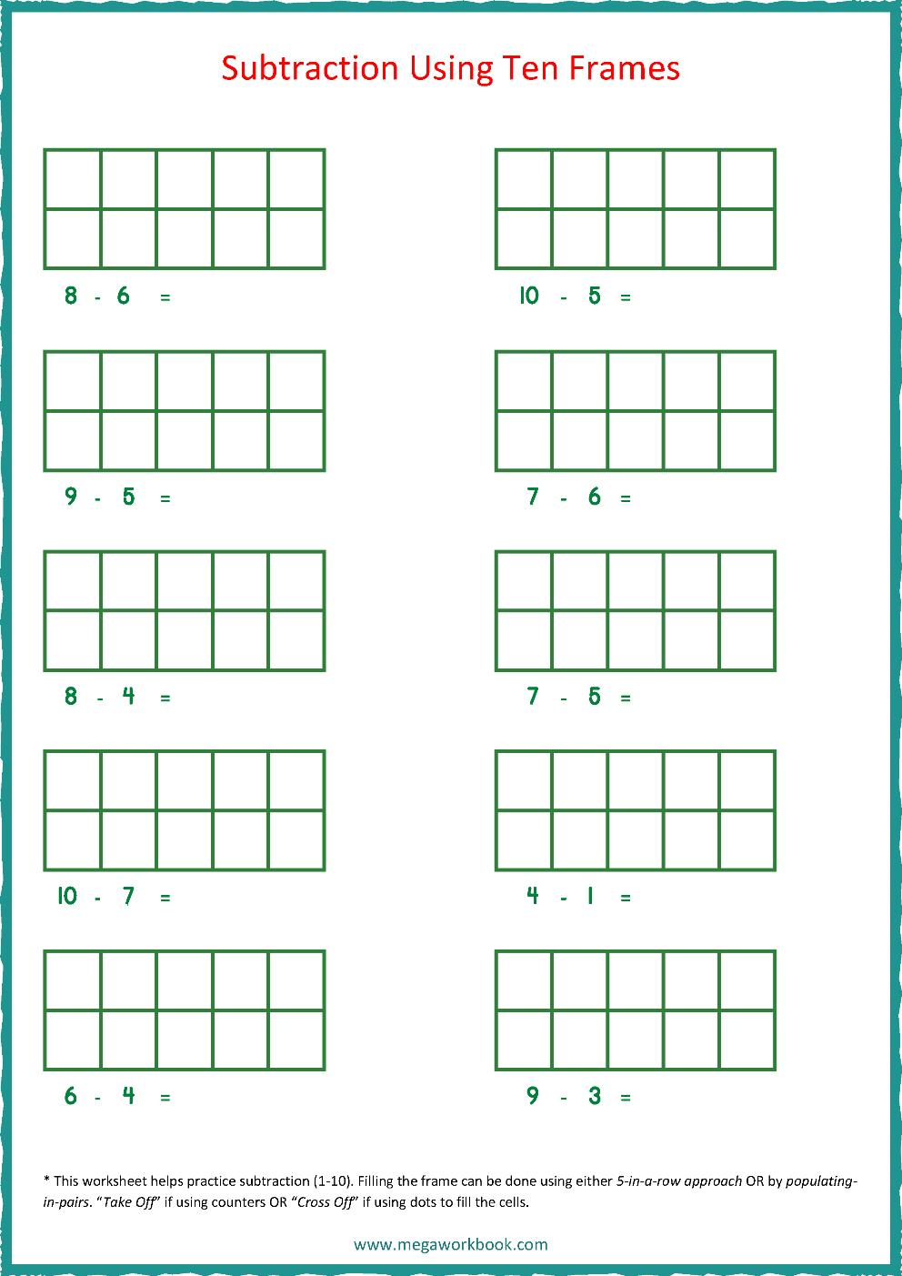 Free Printable Subtraction Using Ten Frames Worksheets