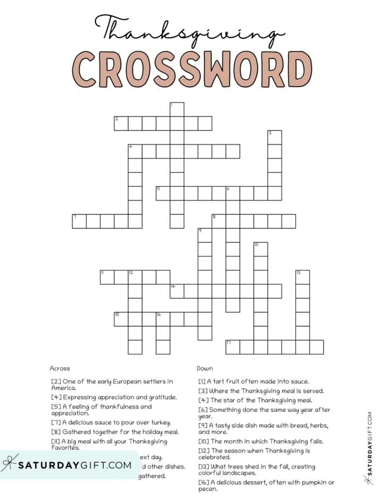 Free Printable Crossword Puzzles Thanksgiving