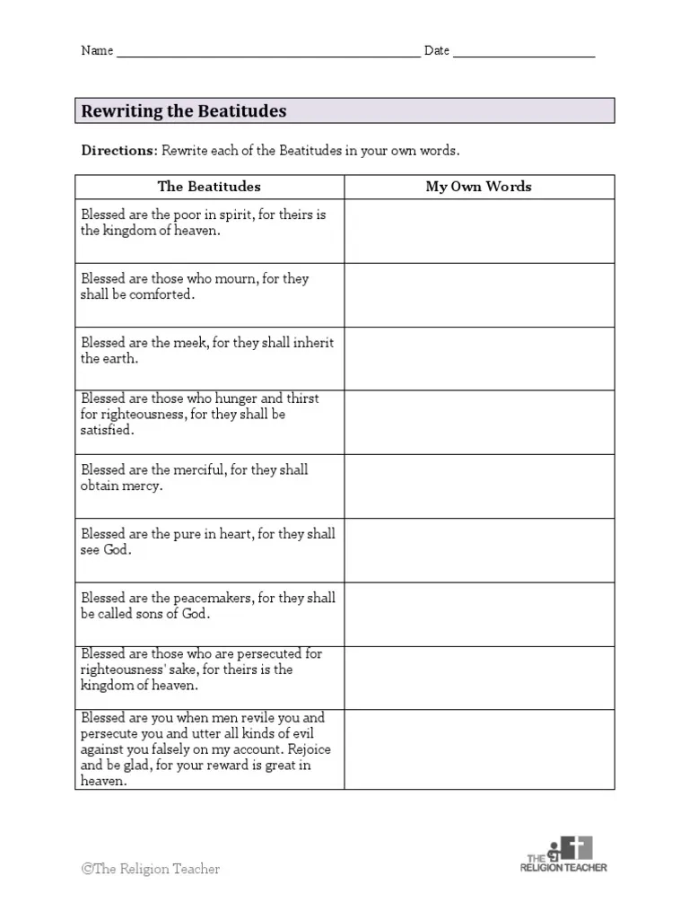 The Beatitudes Worksheets PDF Beatitudes Heaven