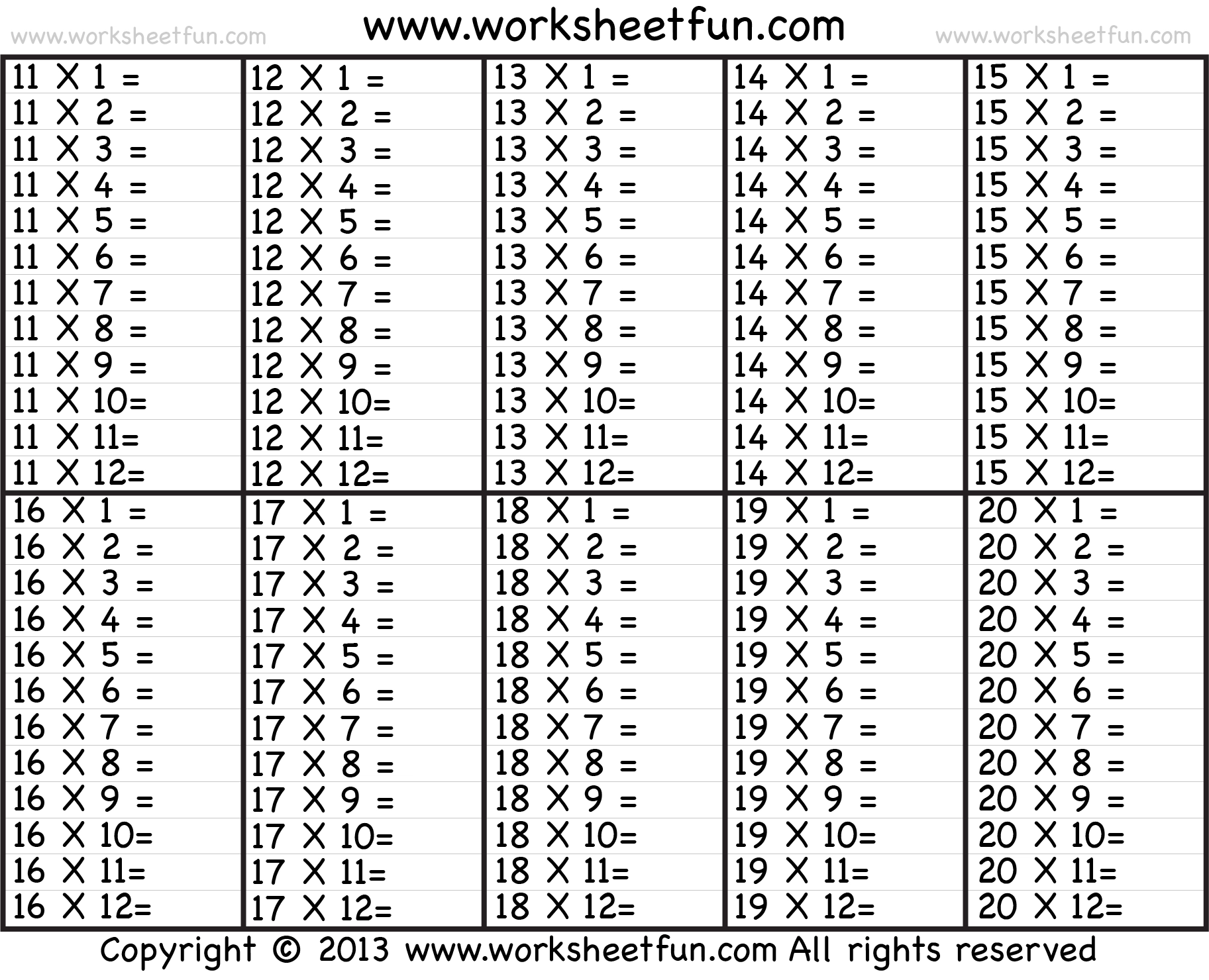 Free Printable Multiplication Table Worksheet