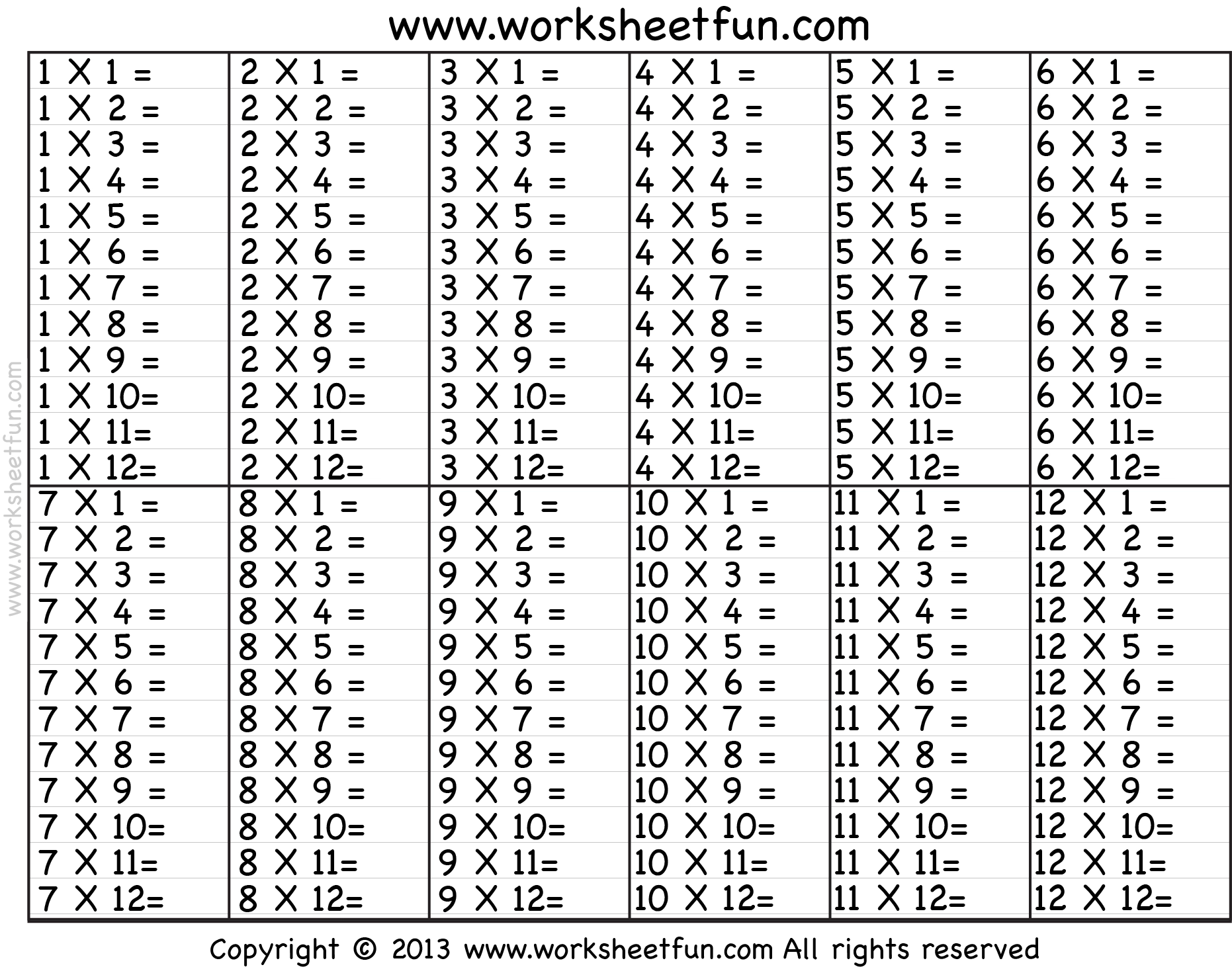 Printable Time Tables Worksheets