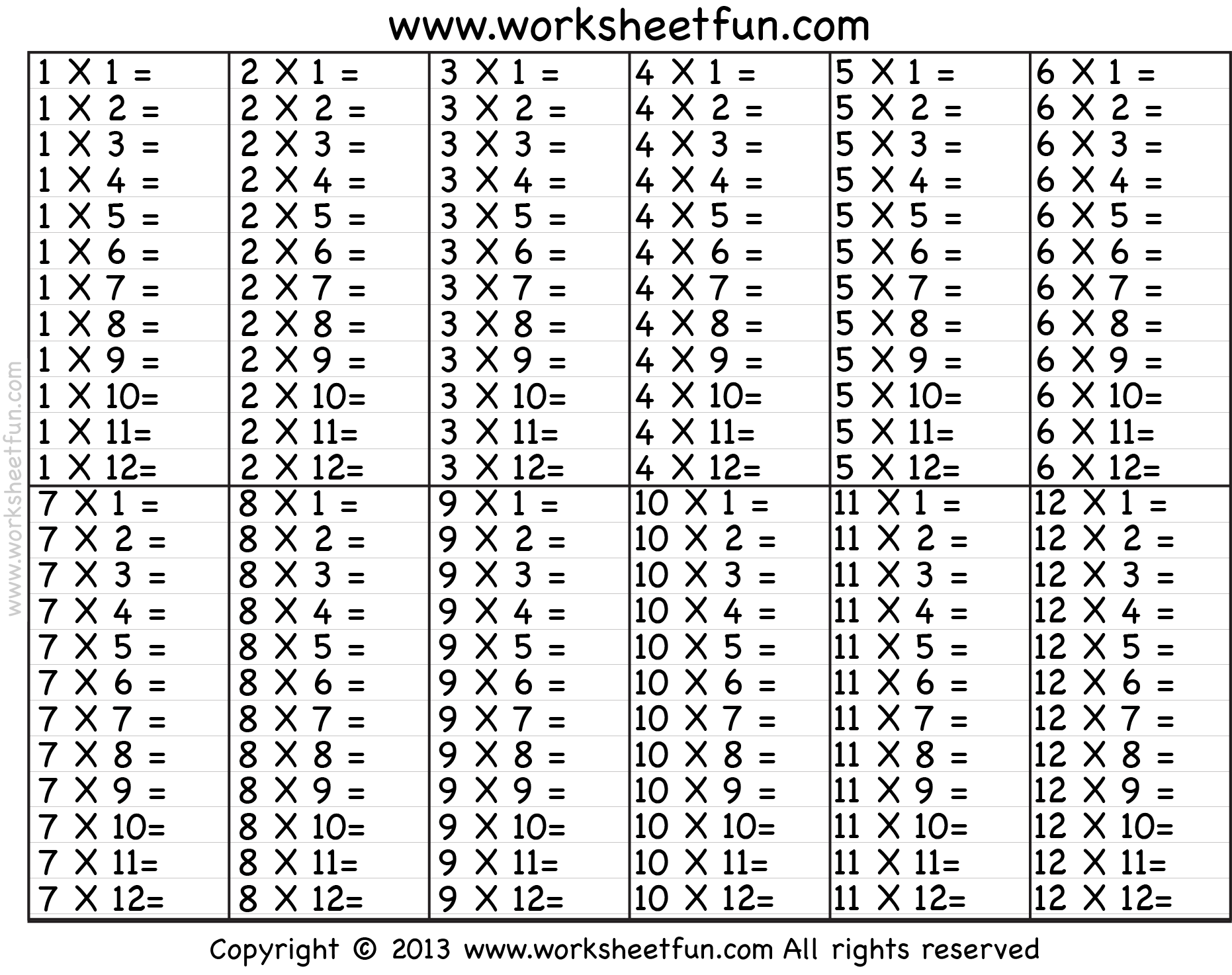 Printable Multiplication Worksheets 1 12