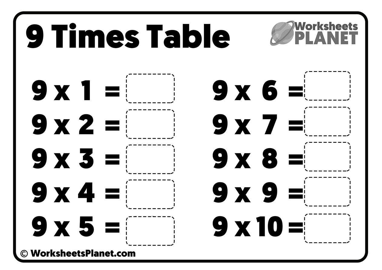 9 Times Table Worksheet Printable