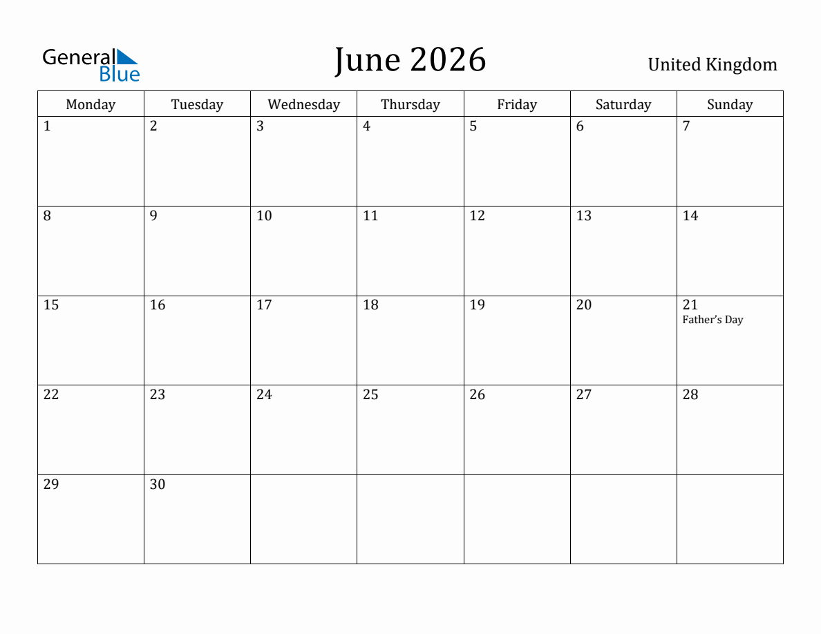 June 2026 Calendar Uk