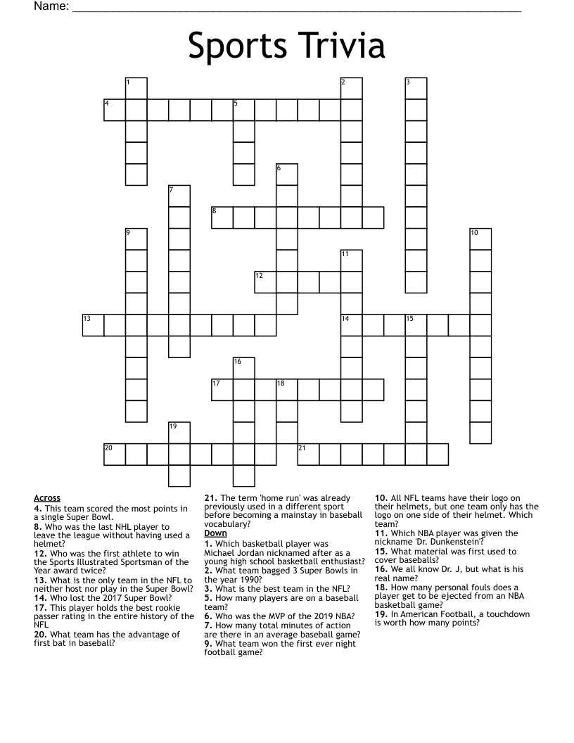 Printable Sports Trivia Crossword Puzzles