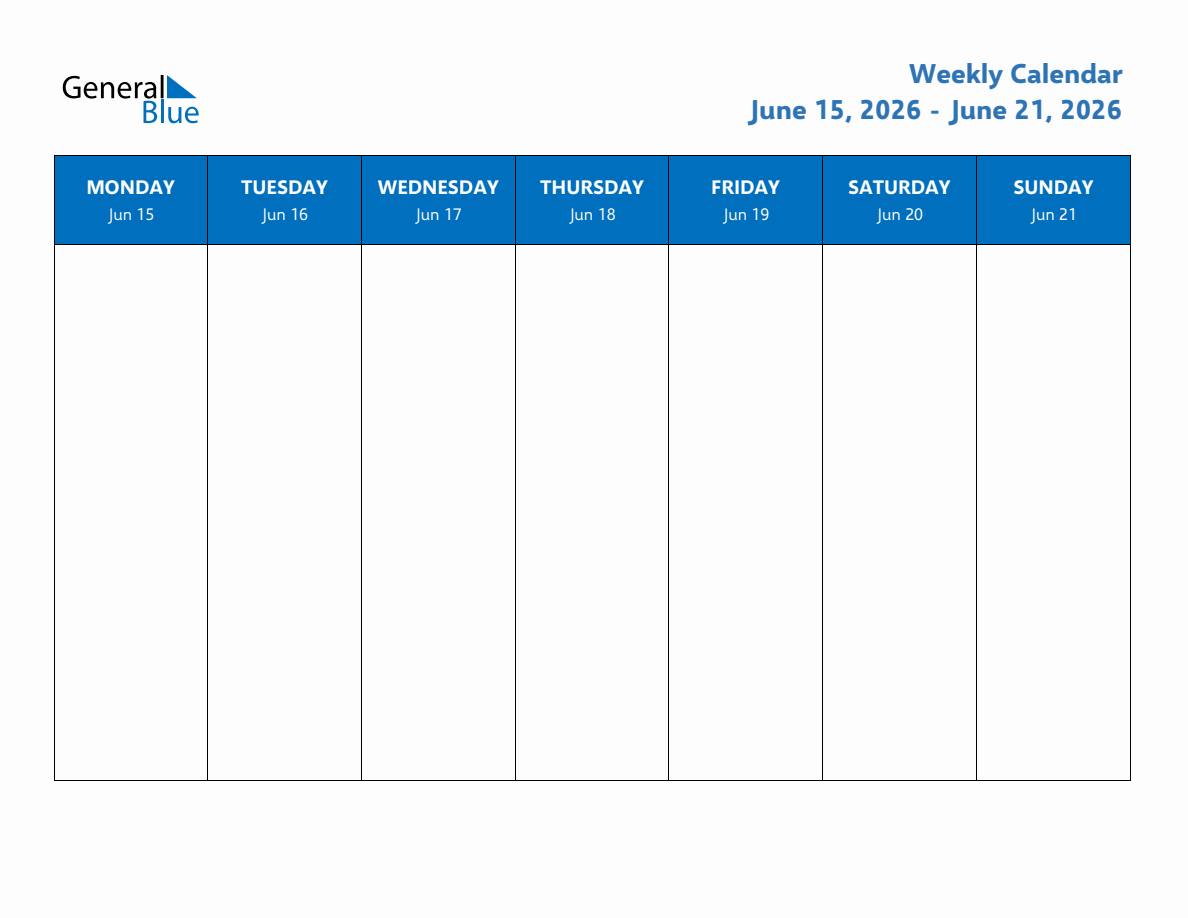 Weekly Calendar With Monday Start For Week 25 June 15 2026 To 