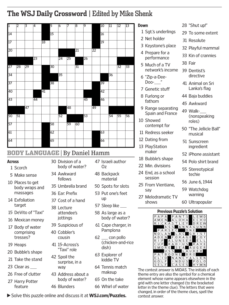 Wall Street Journal Printable Crossword Puzzles