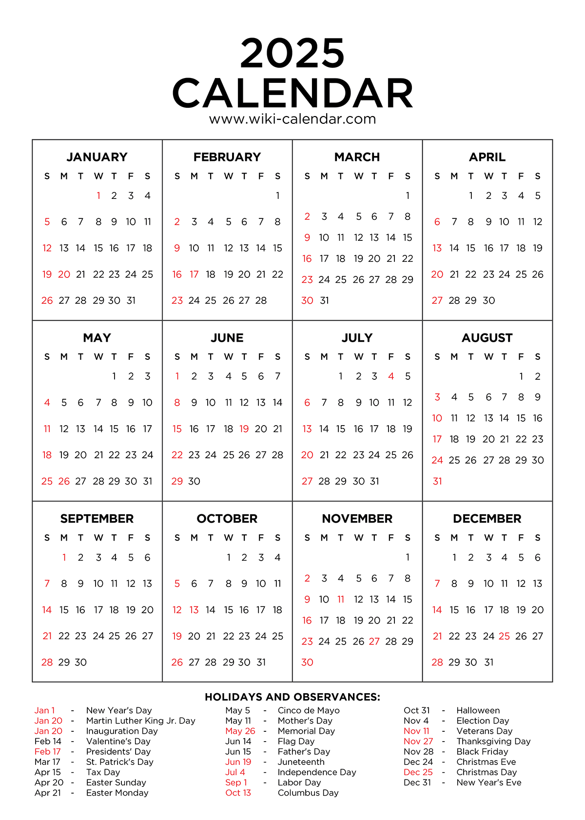 Yearly Blank Calendar 2025
