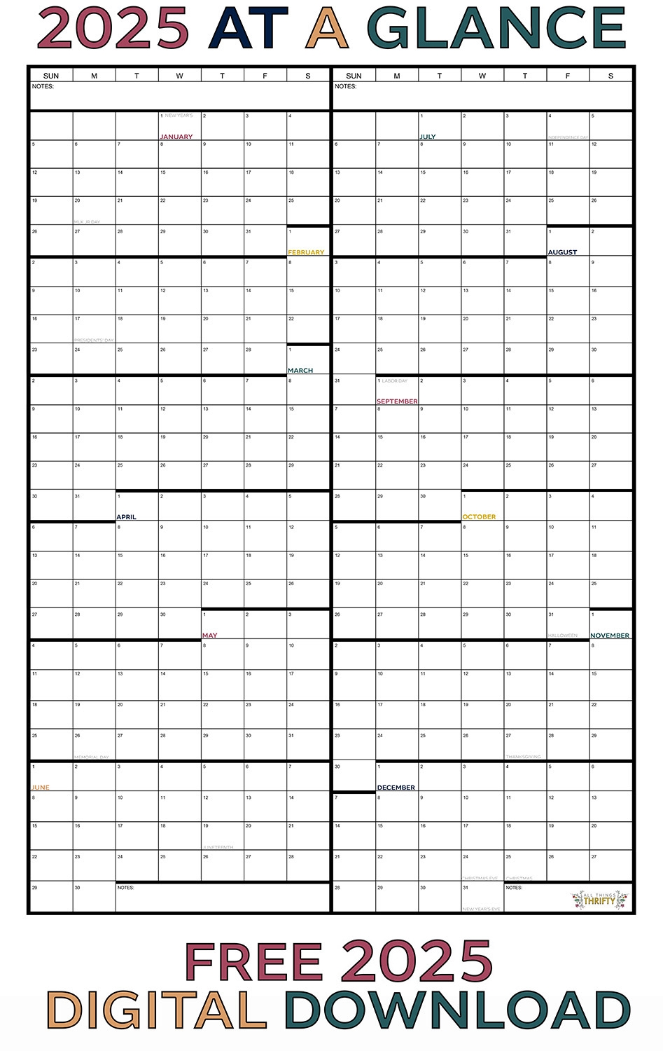 2025 Year At A Glance Calendar Printable Free