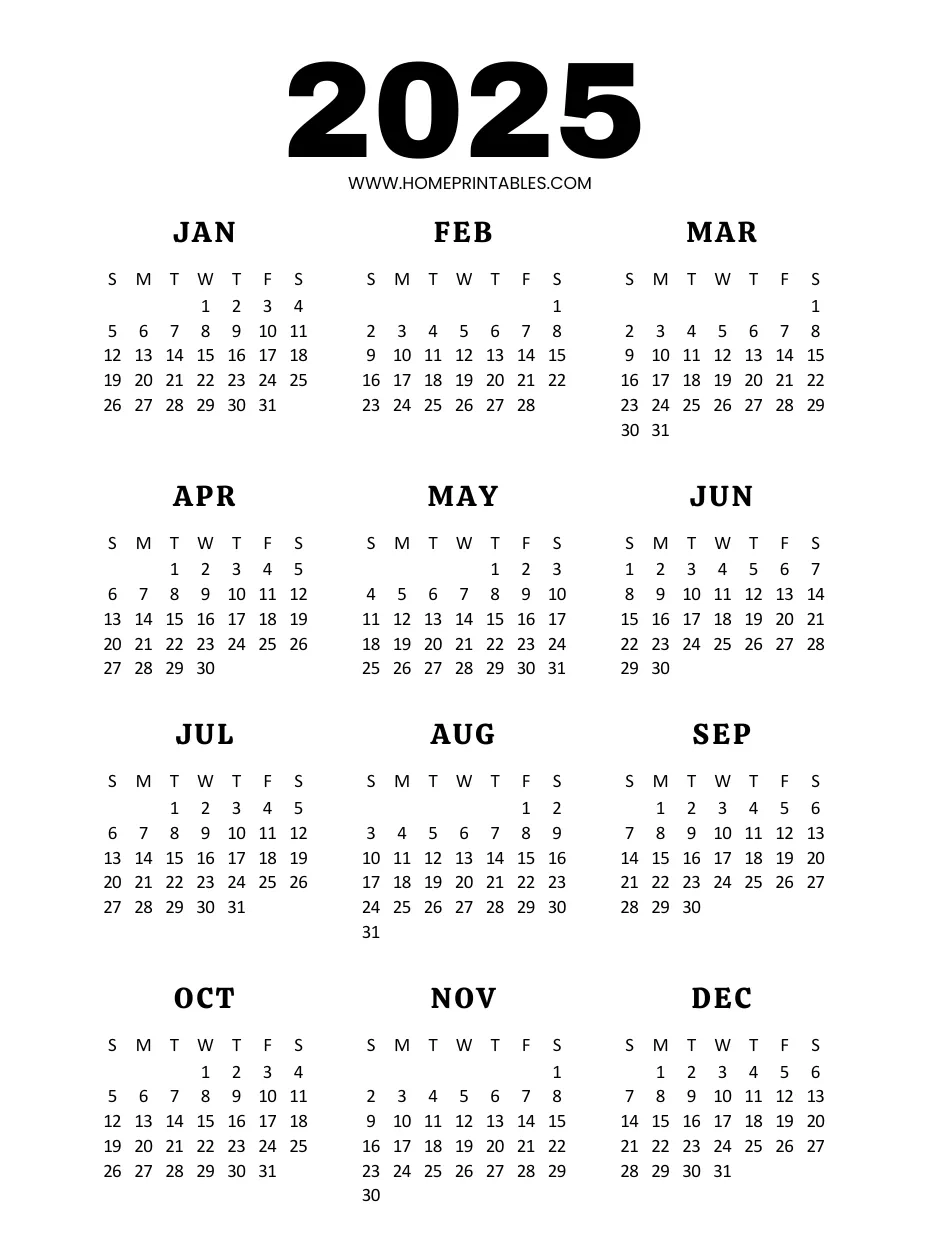 Blank Year Calendar 2025 Printable