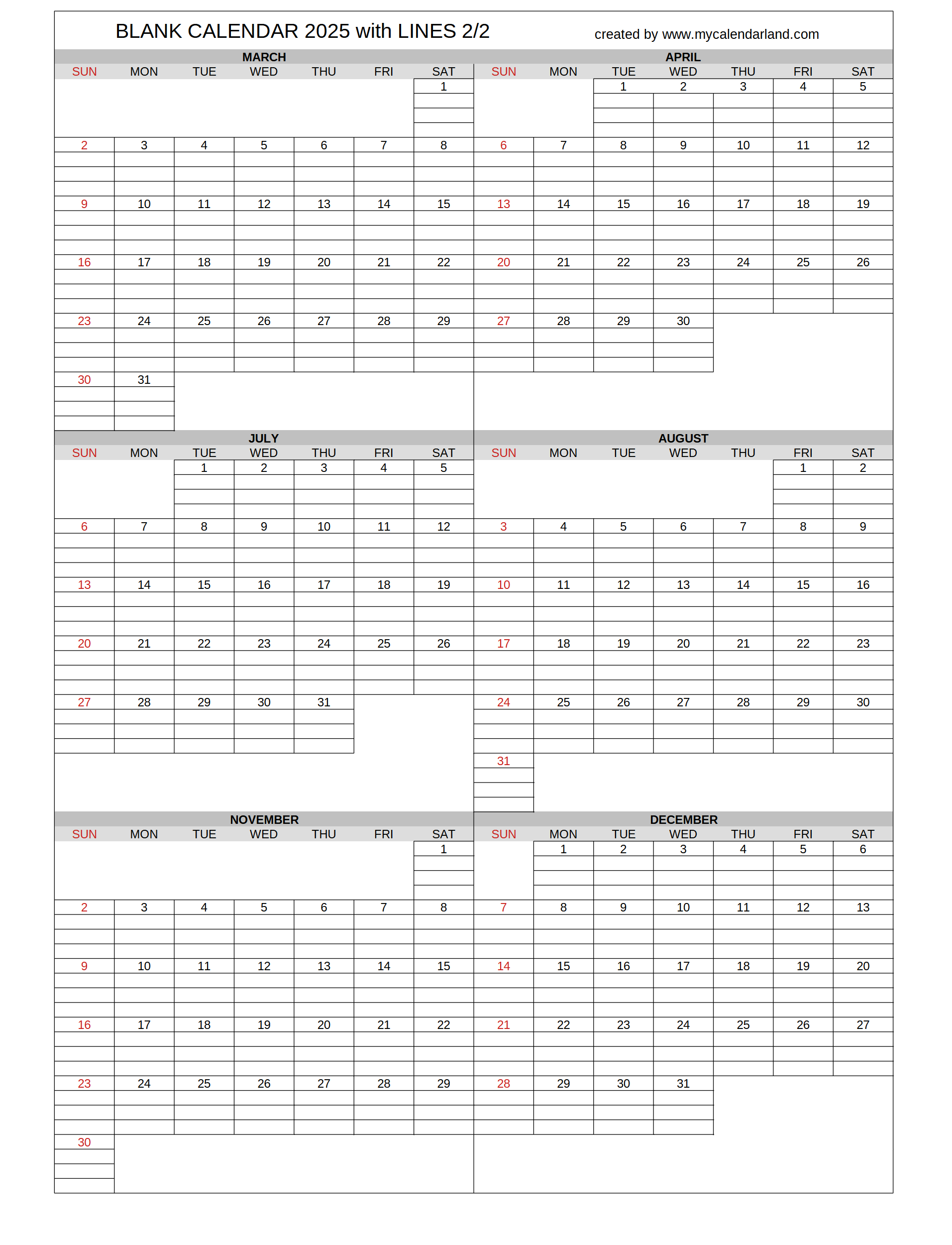 Blank Printable Calendar 2025 With Lines