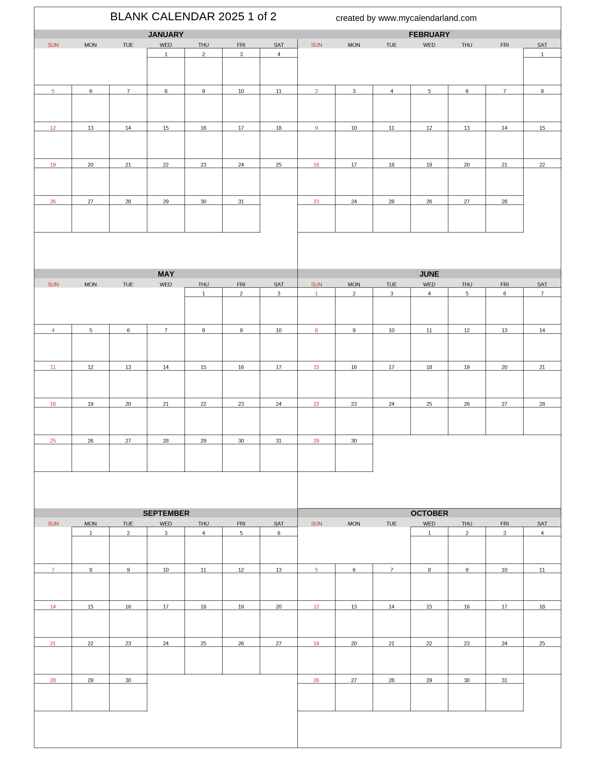 Blank 2025 One Page Calendar Printable